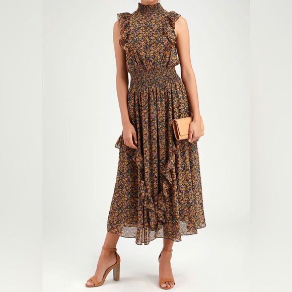 NEW lulus Evalina Mustard Yellow Floral Print Mock Neck Midi Dress - Picture 1 of 12